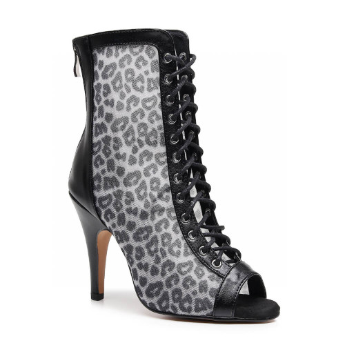 Leona  - Made to Order - Open Toe Lace Up Bootie With Black Leopard Mesh