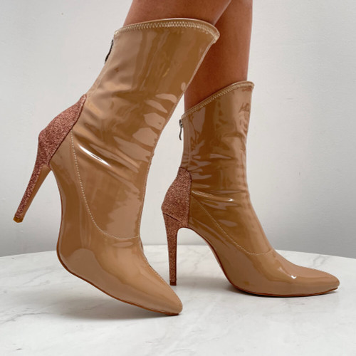 Savage Ankle Bootie - By Kiira Harper - Made To Order - Closed Pointed Toe Wet Look With Sparkle Heel - Chai