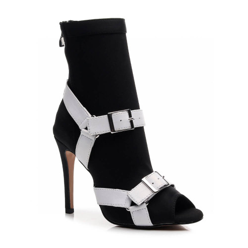 Sharness - Black Open toe stretch sock ankle boot with White harness straps