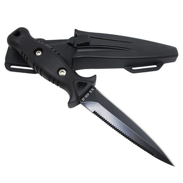 8.5" Spearfishing Low Volume Point-Tip Sharp Black Blade Dive Knife w/ Straps