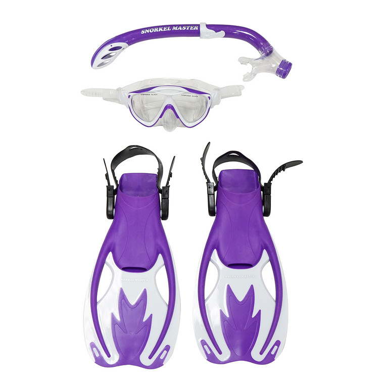 Snorkel Master Snorkeling KIDS Mask, Snorkel, & Fins Set, Purple/White