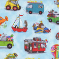 On the Go Zoo Animals Tossed on Blue Cotton Fabric by Elizabeth's Studio