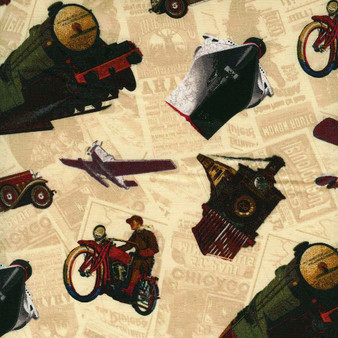 TransAtlantique Vintage Vehicles on Cream Newspaper by Wilmington Prints, SKU # 85504-193