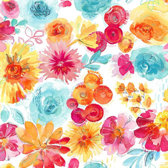 3 Wishes, Good Vibes Rainbow Floral on White by 3 Wishes Fabric, SKU#18657-MLT
