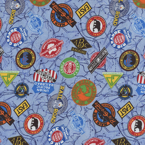 All Aboard Train Emblems on Blue by Quilters Calico's, SKU#89072