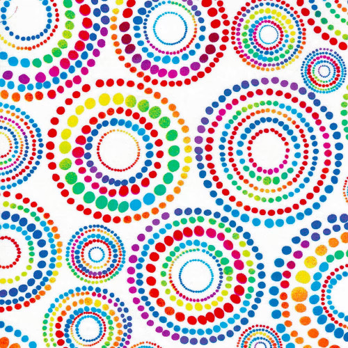 MARDI GRAS Rainbow Dotted Circles on White by Timeless Treasures