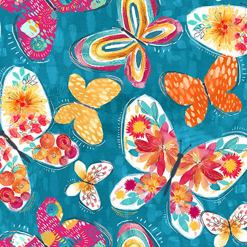 Good Vibes Floral Butterflies on Deep Teal by 3 Wishes Fabric