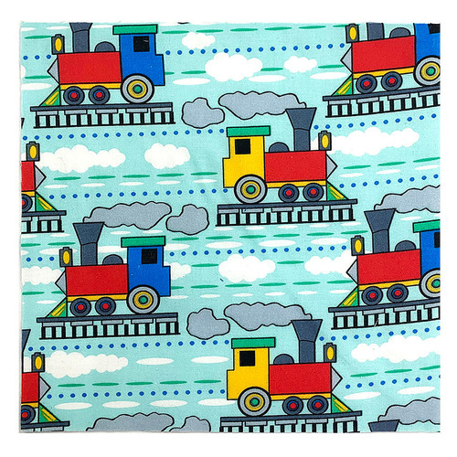 Train Engines Putting Along on Aqua  - 8 1/2" Sq