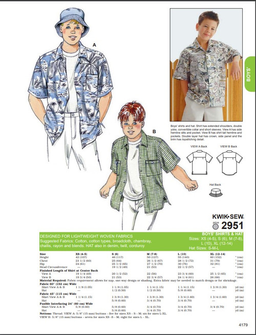 Kwik Sew Boys Shirt Pattern 2951