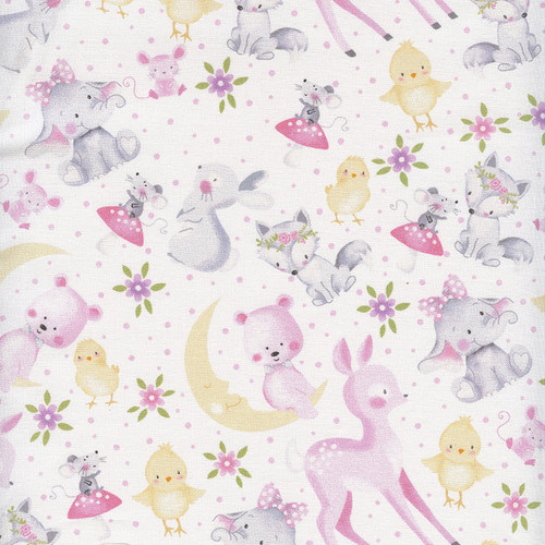 WEE ONES: Baby Animals Tossed on White Cotton Woven Fabric