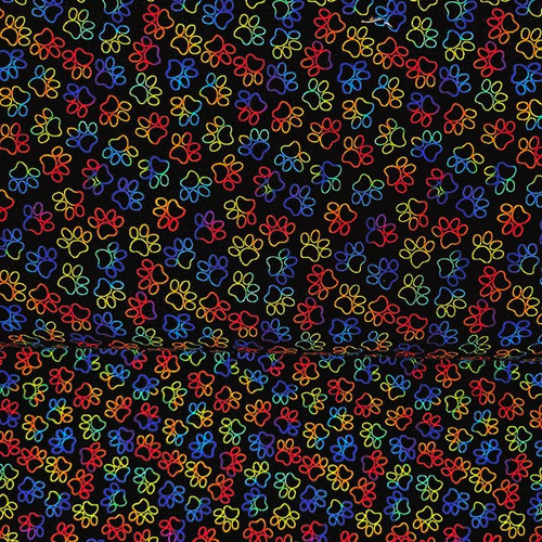 LIVE, LOVE, MEOW Rainbow Kitty Paw Prints on Black 100% cotton fabric by Timeless Treasures, SKU# GAIL-CD3339-Rainbow