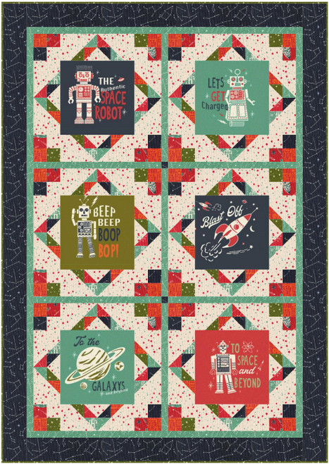 321 Blast Off:  Robot Blast Off Space Journey Throw Quilt Kit, 48" x 68", fabrics by Moda, SKU# KIT-35406