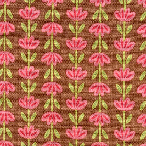 Flower Bucket Pink Floral Stripe on Brown Cotton Fabric by Genevieve Gail for Windham Fabrics SKU 30368-1