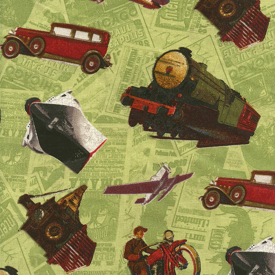TransAtlantique Vintage Vehicles on Green Newspaper by Wilmington Prints, SKU# 85504-793
