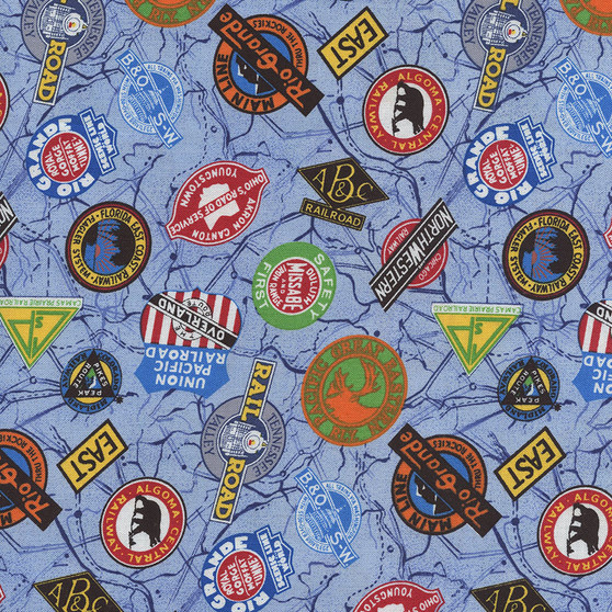 All Aboard Train Emblems on Blue by Quilters Calico's, SKU#89072