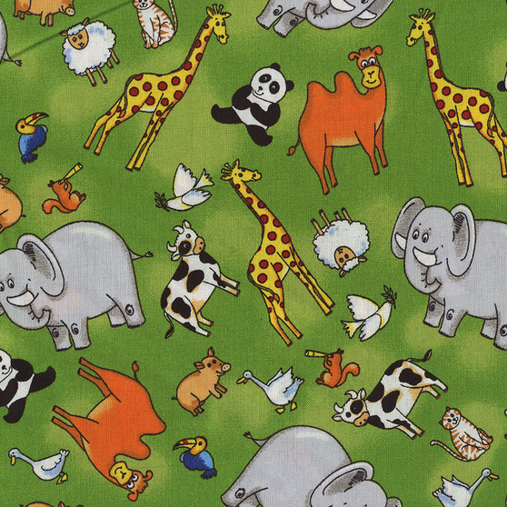Two by Two Land Animals Tossed on Green by Fabri-Quilt