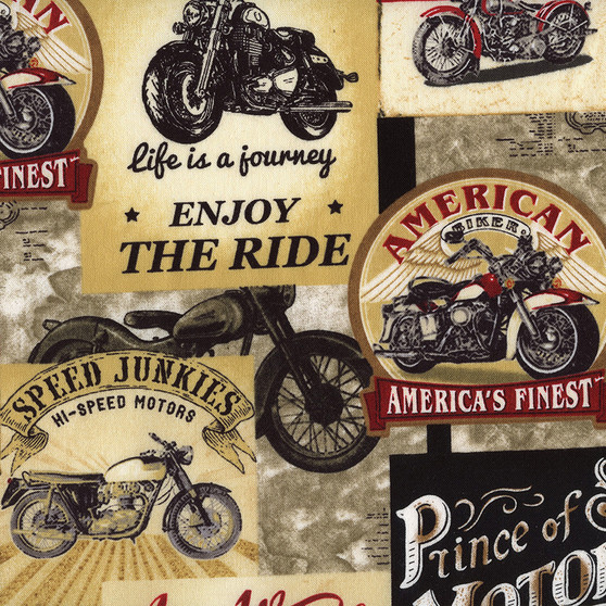 Harley Multi Motorcycle Posters Tan and Black Cotton Fabric by Timeless Treasures