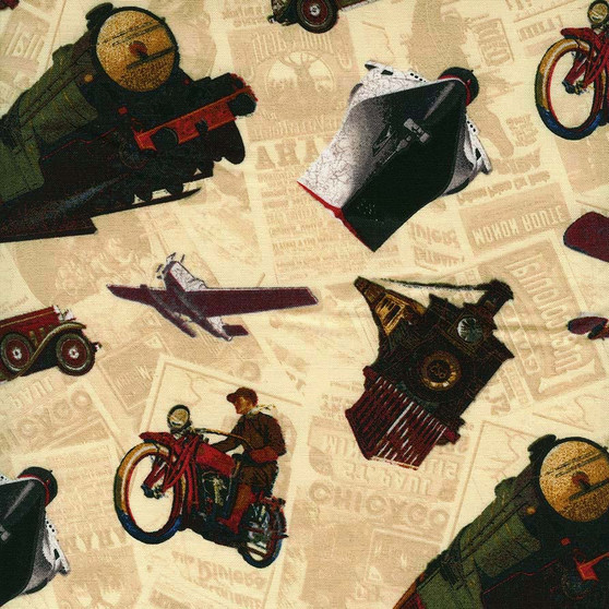 TransAtlantique Vintage Vehicles on Cream Newspaper by Wilmington Prints, SKU # 85504-193
