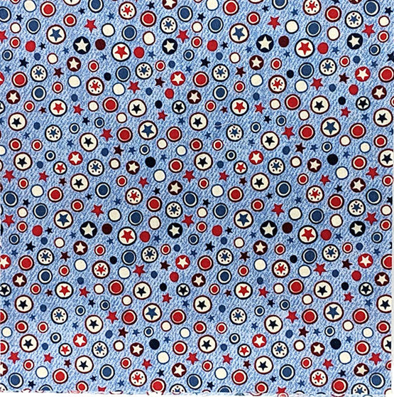 Blue & Red Circles and Stars on Denim 8 1/2" sq