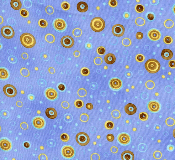 Brown and Yellow Circles on Blue Cotton Woven Fabric