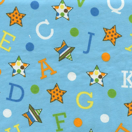 Patterned Stars & Alphabet on Aqua Flannel