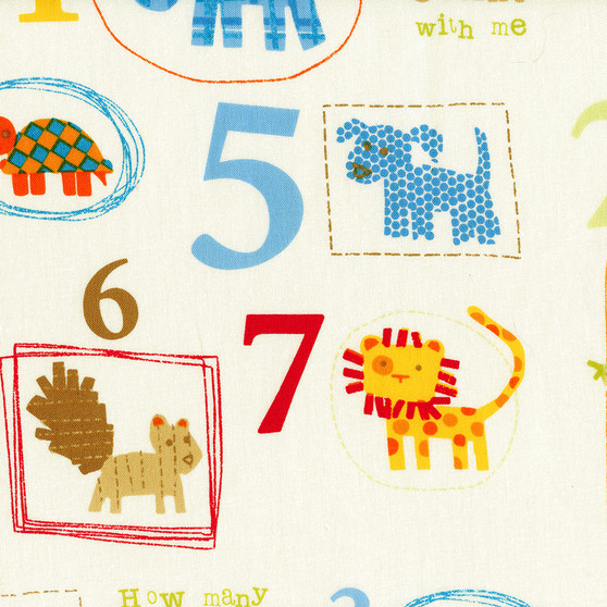 Count With Me Tossed Animals and Numbers on Cream by David Textiles