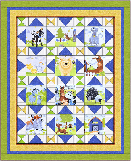 Barnyard Animals Say So Quilt Kit made with Barnyard Blue Panel by Clothworks, SKU #KIT-35402
