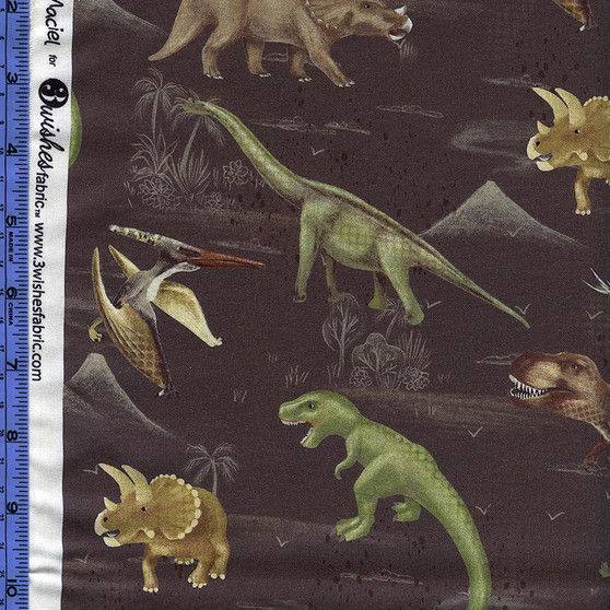 3 Wishes Fabric: DINOSAUR TRAILS - Dinosaurs Roaming on Dark Brown by Raquel Maciel, SKU# 24149-Brn