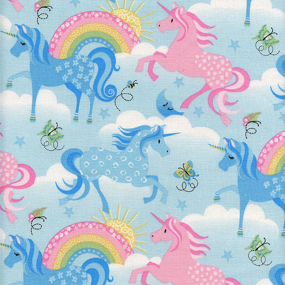 Rainbow Unicorns on Lt. Blue by Fabric Traditions, SKU# 16435-B