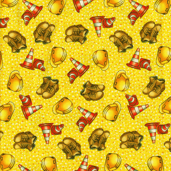 Construction Hard Hats, Boots, and Cones on Yellow Gravel