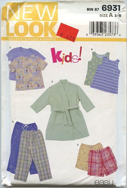 New Look Pattern 6931 - Youth Pajama top, shorts, pants, and robe
