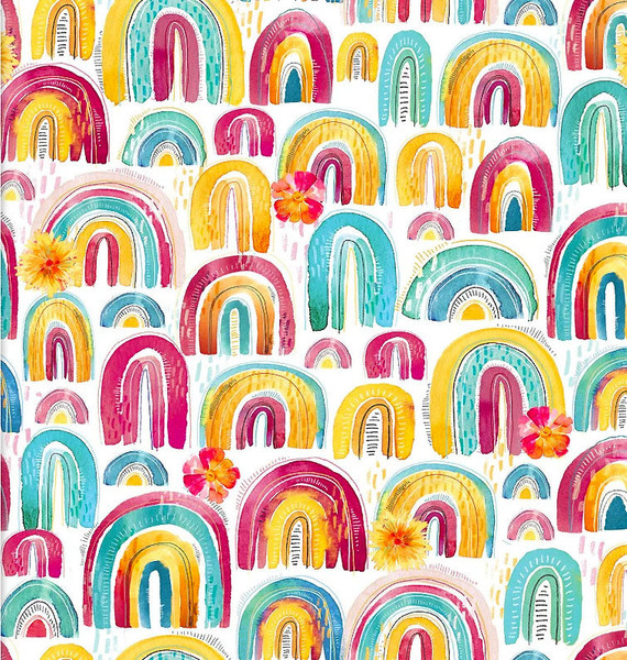 3 Wishes, Good Vibes Rainbows on White by 3 Wishes Fabric, SKU #18666-WHT 3 Wishes, Good Vibes Rainbows on White by 3 Wishes Fabric, SKU #18666-WHT