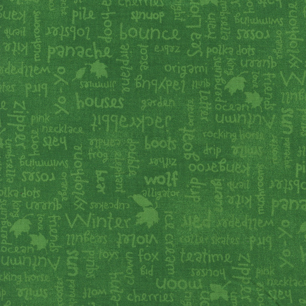 Alphabet Soup Words Tossed on Green Cotton Fabric by StellaBlue