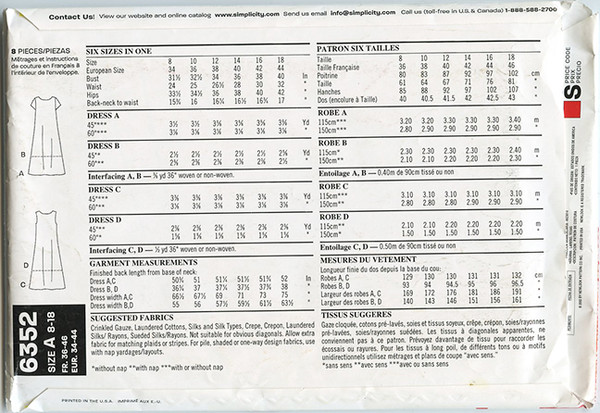 New Look Dress Pattern 6352, sizes 8 - 18 yardage requirements