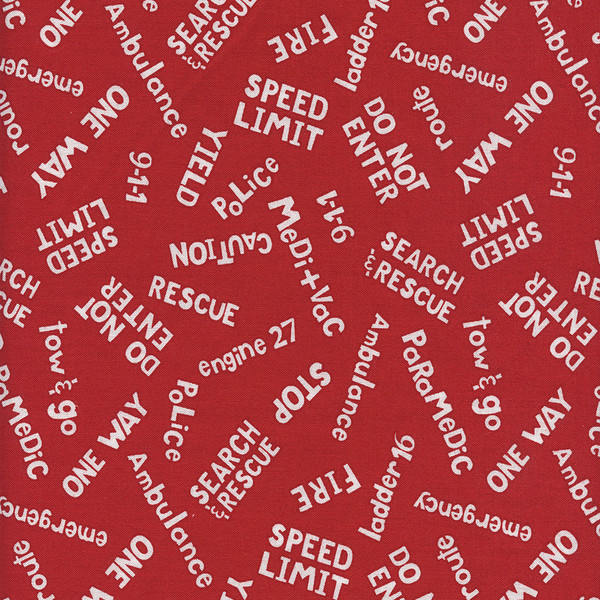 Zip Zoom Emergency Words Tossed on Red by Viv Eisner for Wilmington Prints