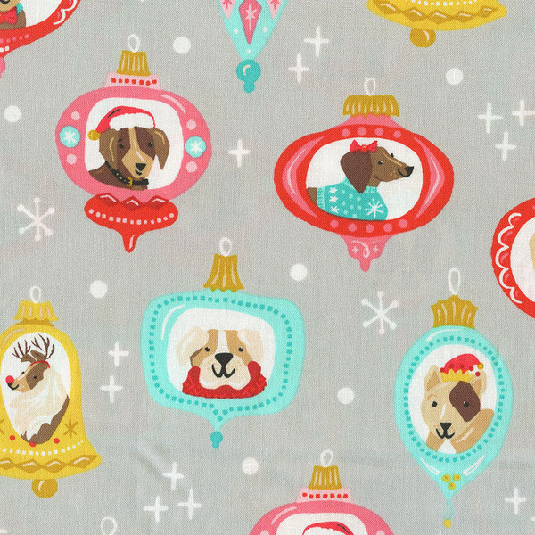 FURRY AND BRIGHT: Grey Christmas Bells Dog Cameos by Andover Fabrics