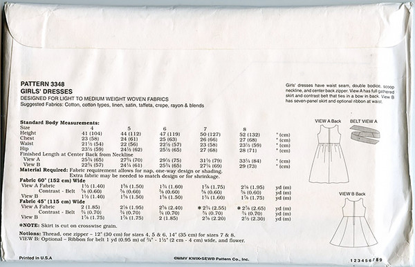 Kwik Sew Girls Dresses Pattern 3348, sizes 4 to 8.