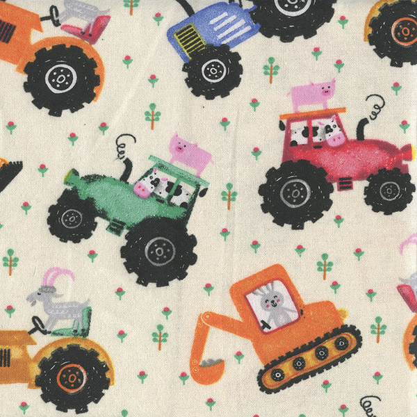 Barnyard Animals Riding Farm Equipment on Cream Flannel