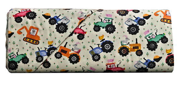 Barnyard Animals Riding Farm Equipment on Cream Flannel