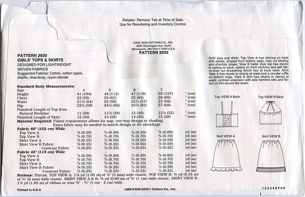 Kwik Sew Girls' Tops & Skirts Pattern 2939 yardage and sizes