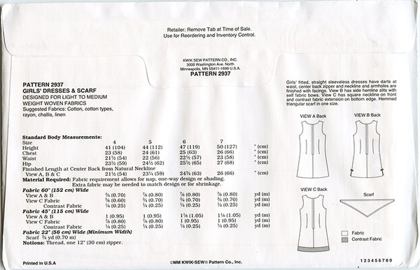 Kwik Sew Girls Dresses & Scarf Pattern 2937 sizing and yardage requirements