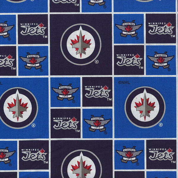 Sykel Enterprises Licensed NHL Winnipeg Jets Blue Patchwork Cotton Fabric, SKU# 020-JET Sykel Enterprises Licensed NHL Winnipeg Jets Blue Patchwork Cotton Fabric, SKU# 020-JET