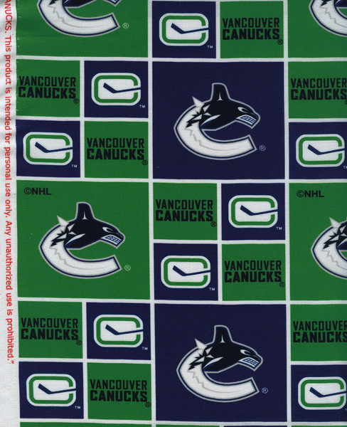 Sykel Enterprises Licensed NHL Official Vancouver Canucks Green and Blue Patchwork Cotton Fabric, SKU# 020VAN Sykel Enterprises Licensed NHL Official Vancouver Canucks Green and Blue Patchwork Cotton Fabric, SKU# 020VAN