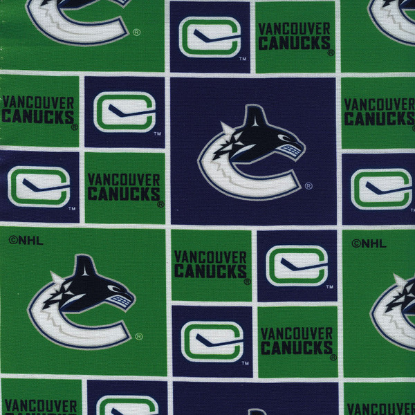 Sykel Enterprises Licensed NHL Official Vancouver Canucks Green and Blue Patchwork Cotton Fabric, SKU# 020VAN