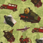 TransAtlantique Vintage Vehicles on Green Newspaper by Wilmington Prints, SKU# 85504-793