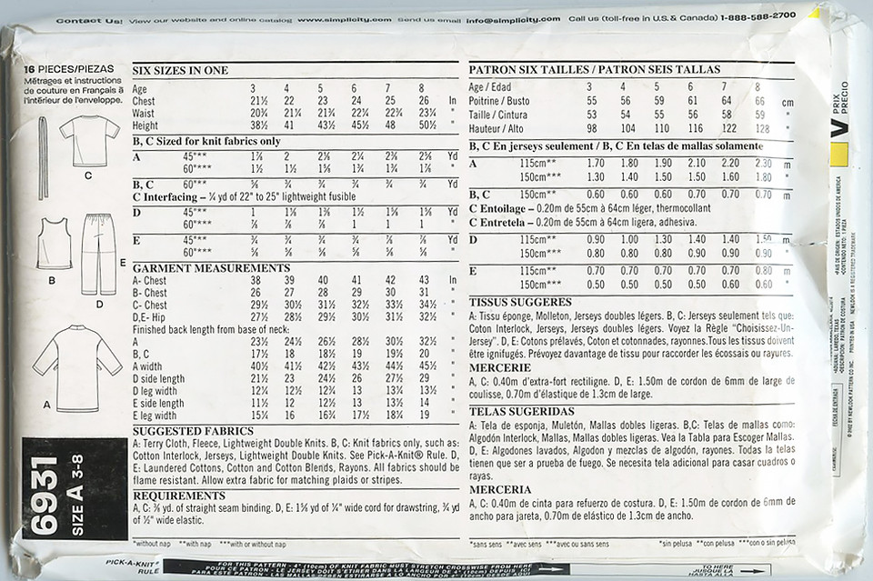 New Look Youth Pattern 6931 - sizing and yardage requirments New Look Youth Pattern 6931 - sizing and yardage requirments