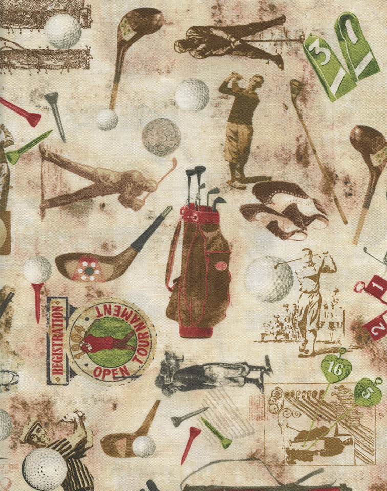 Vintage Golf Accessories Coffee by Timeless Treasures Vintage Golf Accessories Coffee by Timeless Treasures