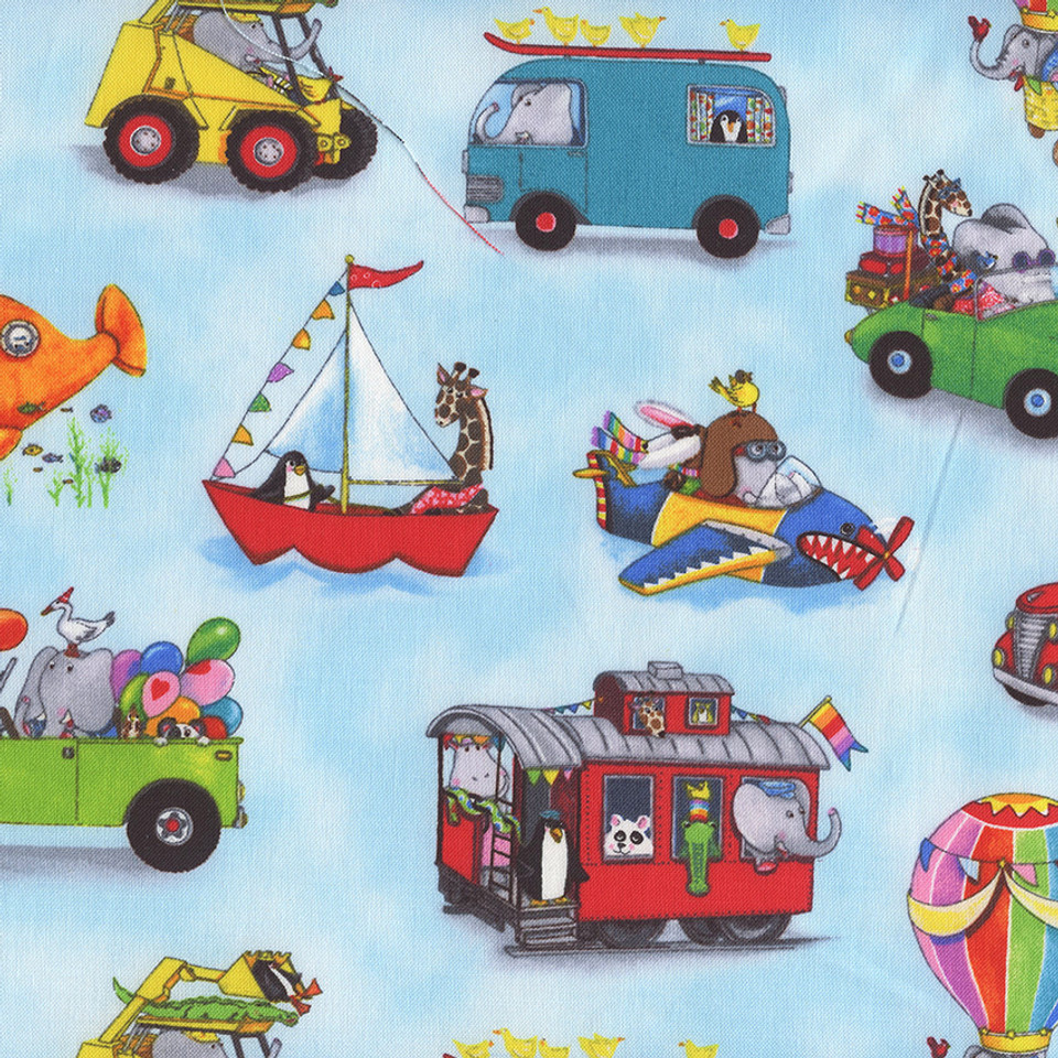 On the Go Zoo Animals Tossed on Blue Cotton Fabric by Elizabeth's Studio