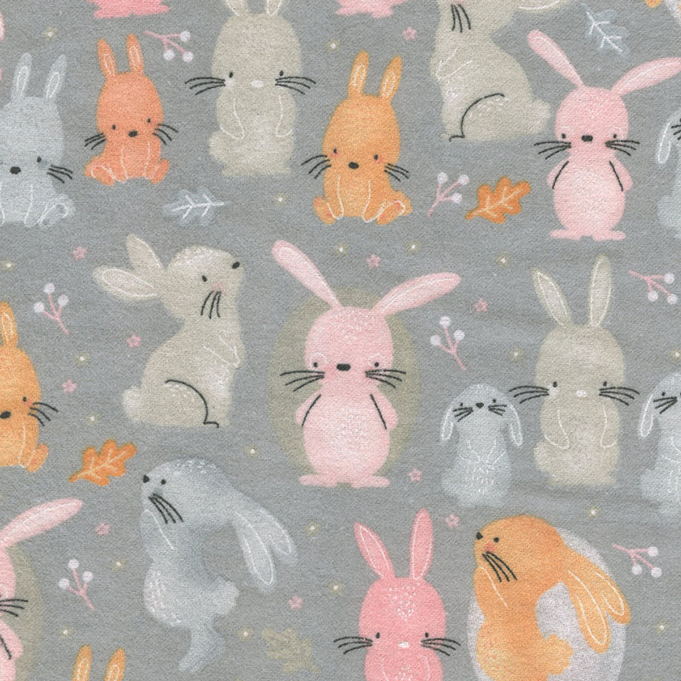 Playful Bunnies Comfy Print Flannelette Grey by AE Nathan