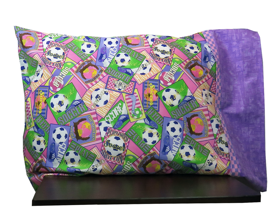 This pillowcase is a soccer collage in pinks, purples and green.  We've added a lilac cuff and pink and purple checkerboard flange. This pillowcase is a soccer collage in pinks, purples and green.  We've added a lilac cuff and pink and purple checkerboard flange.